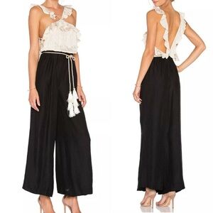 NWT Rachel Zoe Silk Ivory Black Halter Top Wide leg Jumpsuit Women Small/ 2